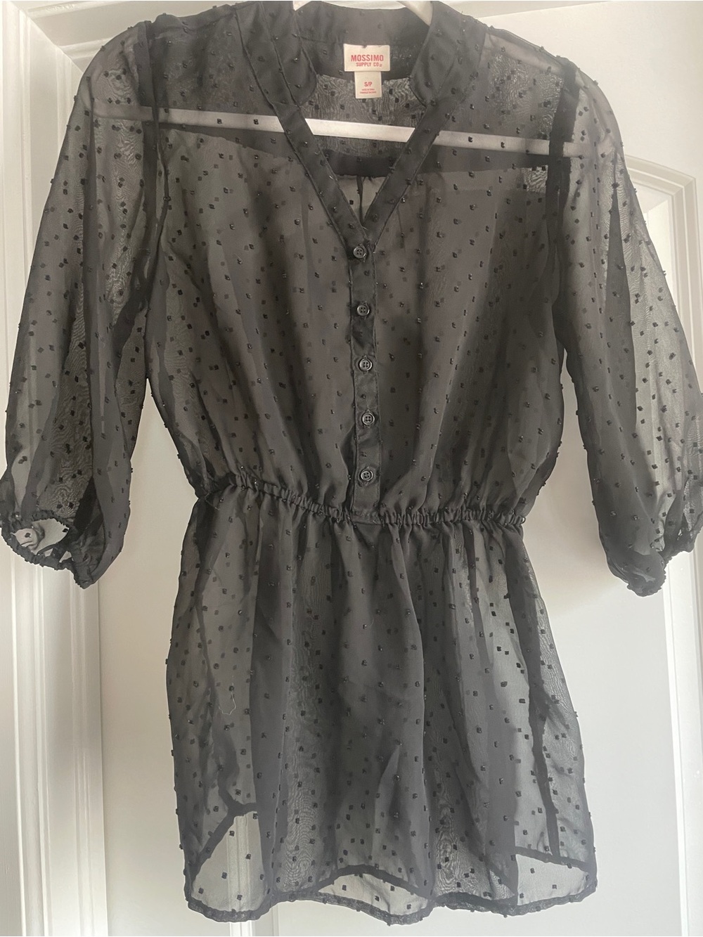 Mossimo Supply Co Sheer Swiss Dot Peplum Blouse Puff Sleeve V Neck Size Small